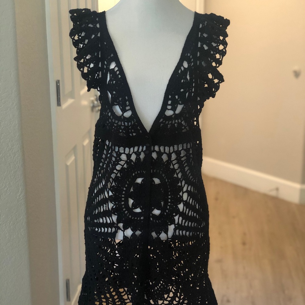 Black crochet long vest